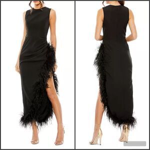MAC DUGGAL 11626 Black Sleeveless Faux Wrap Dress with Feather Detail